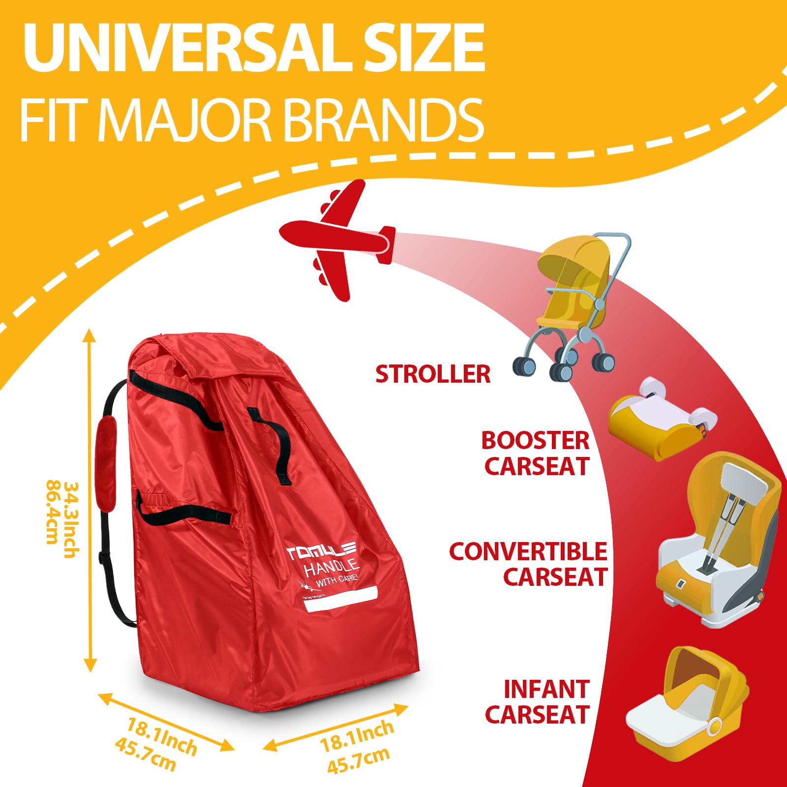 TOMULE car seat bag at airport counter shows universal fit for many seats