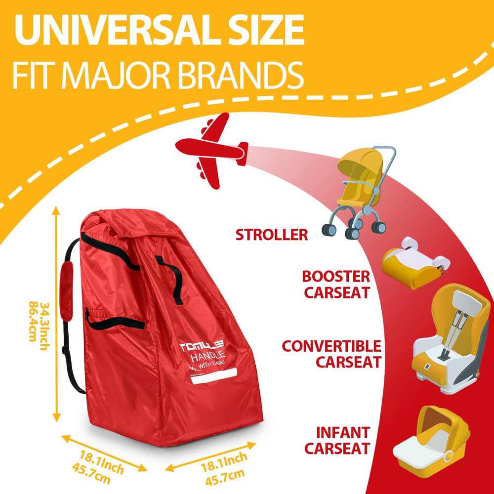 TOMULE car seat bag at airport counter shows universal fit for many seats