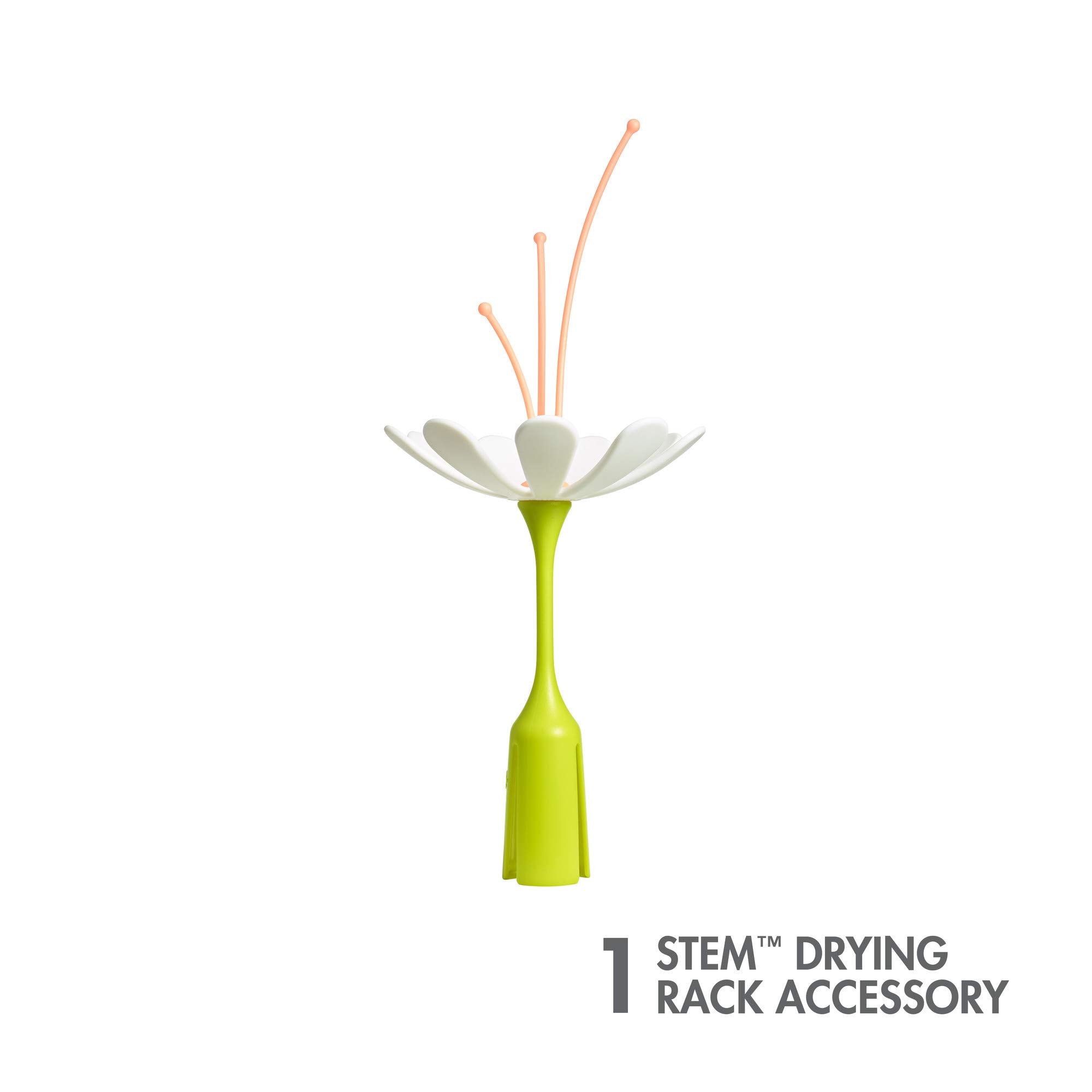 TOMY Boon Stem holds baby bottles for organized drying after washing.