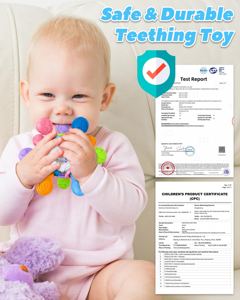 Tonberless teether easy to disinfect using UV, boiling water, or steam.
