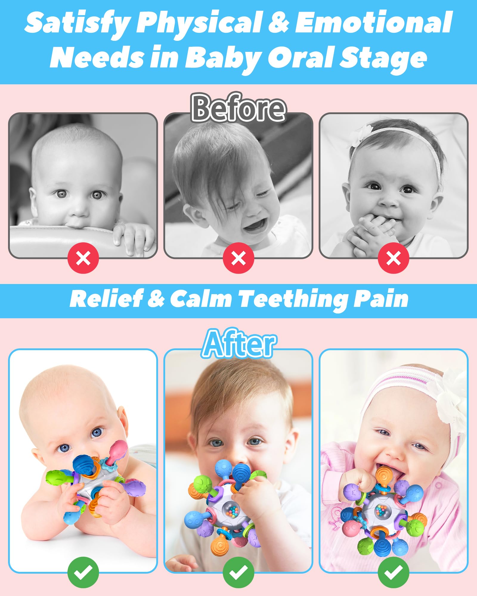 Tonberless Montessori teether doubles as an engaging rocking toy for early play.