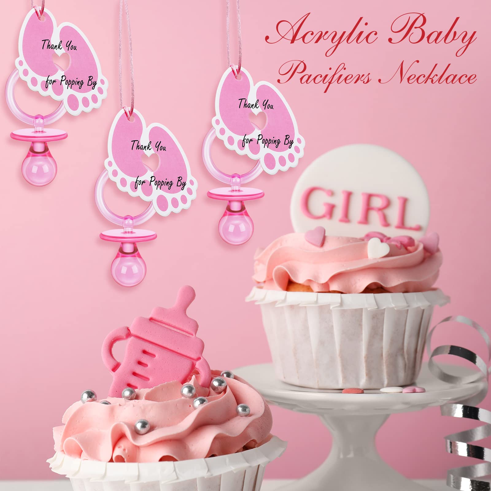 Tondiamo pink pacifier necklace kit displayed as baby shower table decor.