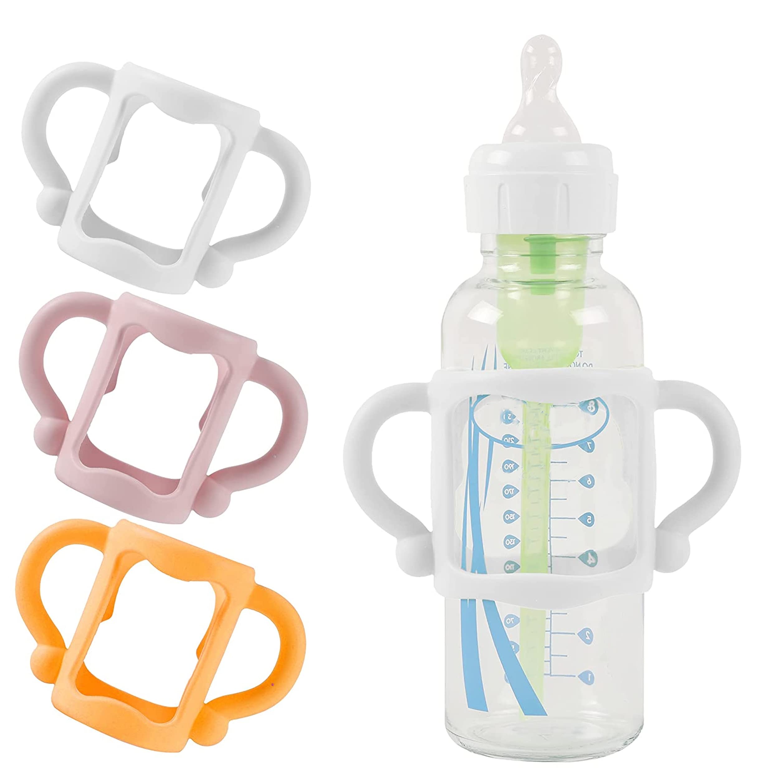 TonGass white bottle handles on a baby bottle for easier grip.