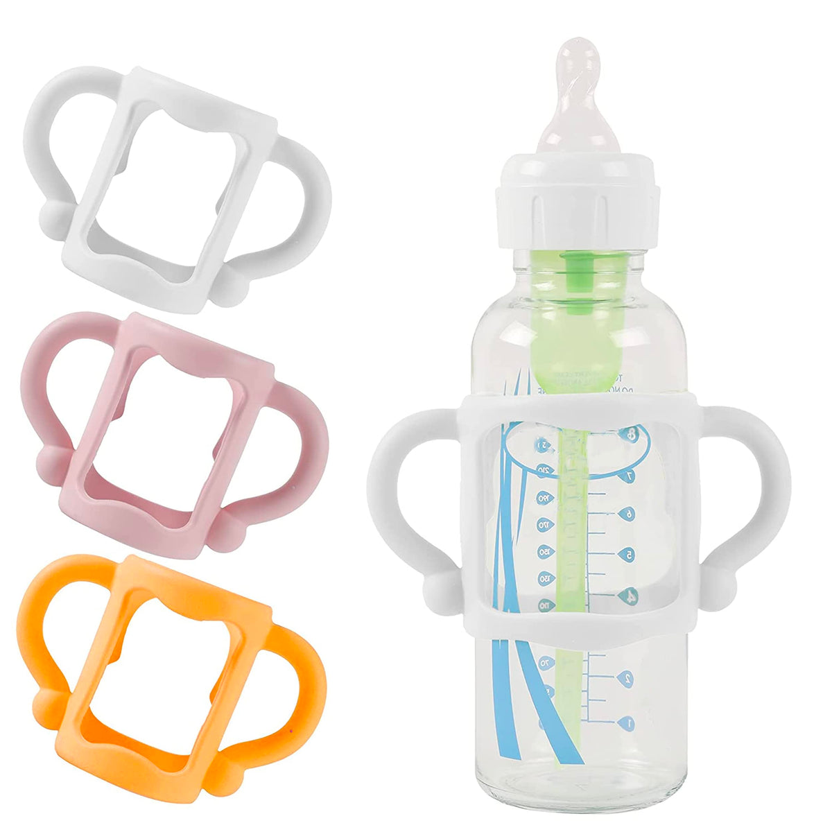TonGass white bottle handles on a baby bottle for easier grip.