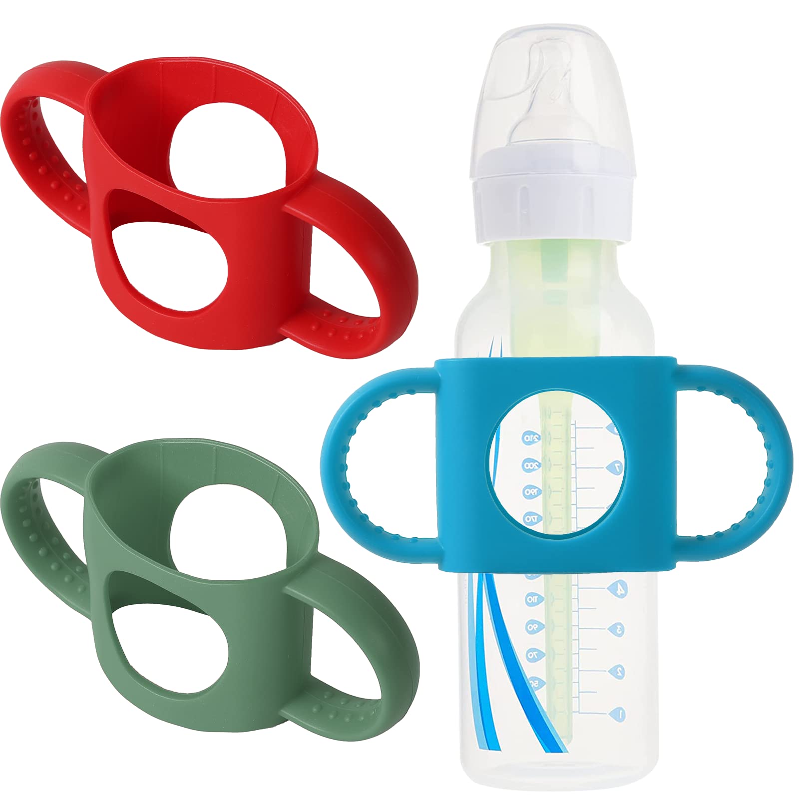 TongGass universal fit baby bottle holders with red easy-grip handles for secure self-feeding.