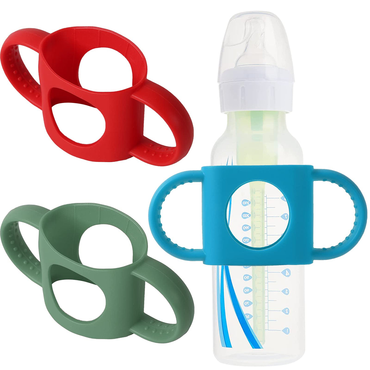 TongGass universal fit baby bottle holders with red easy-grip handles for secure self-feeding.