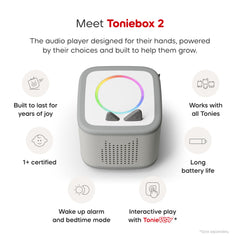 Side ears on Toniebox control volume during quiet reading sessions.