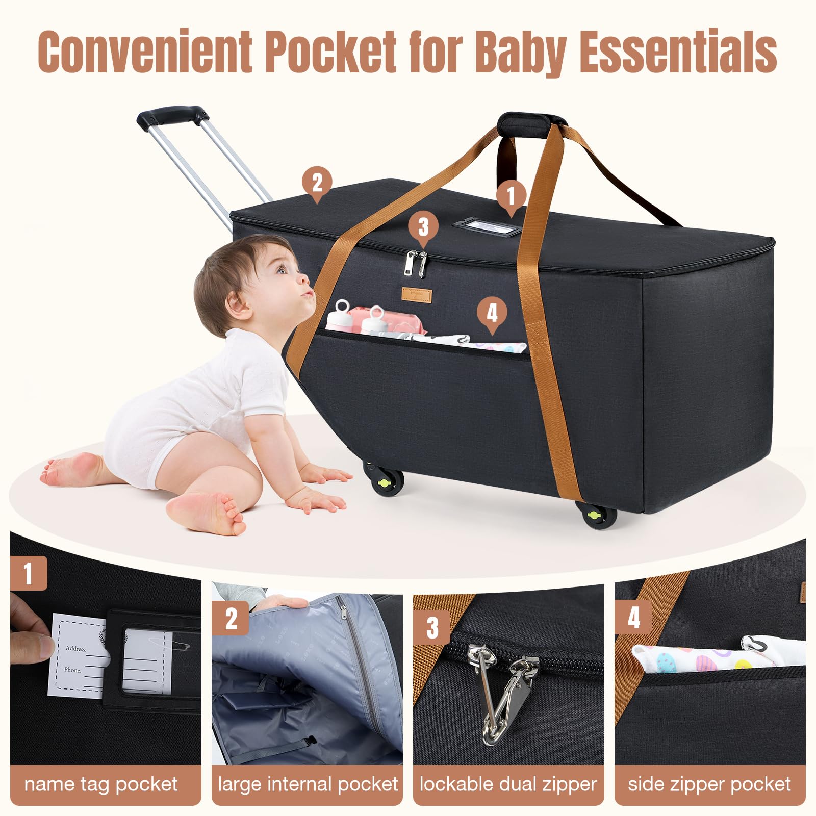 Tonyeee car seat travel bag features four-wheel spinner for smooth rolling.