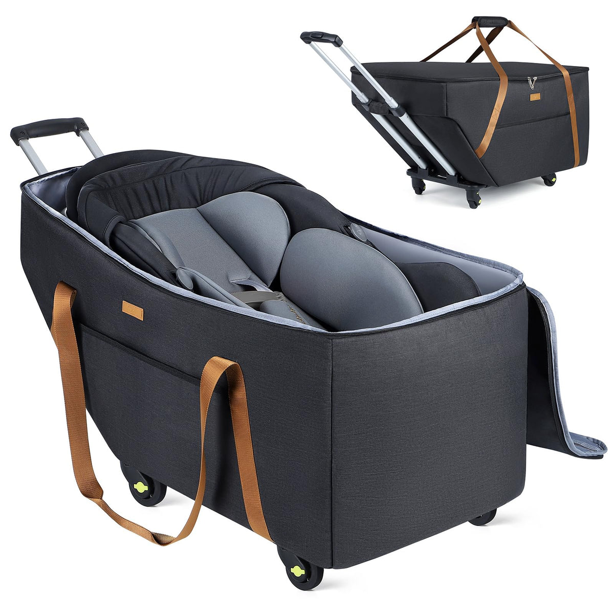 Tonyeee car seat travel bag with wheels, front view for easy airport navigation.