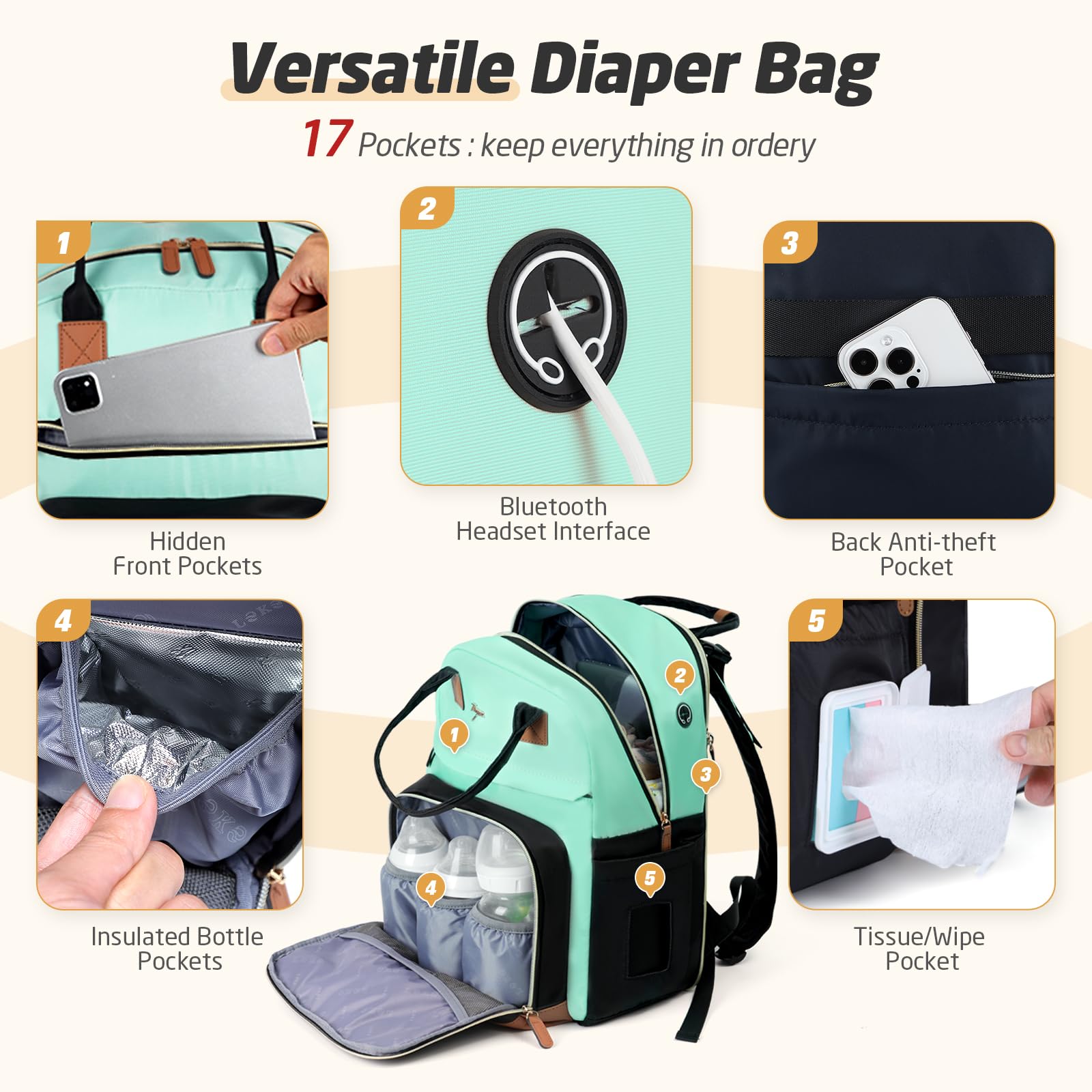 Tonyeee diaper bag backpack includes changing pad for quick changes.