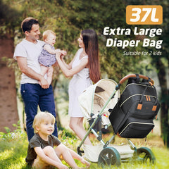 Tonyeee diaper bag backpack expanded 37L top view illustrating extra capacity for travel.