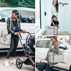Tonyeee diaper bag tote displaying three bottle compartments for on-the-go meals.