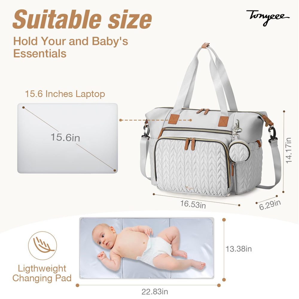 Tonyeee large-capacity diaper bag tote shown with organized compartments for baby essentials.
