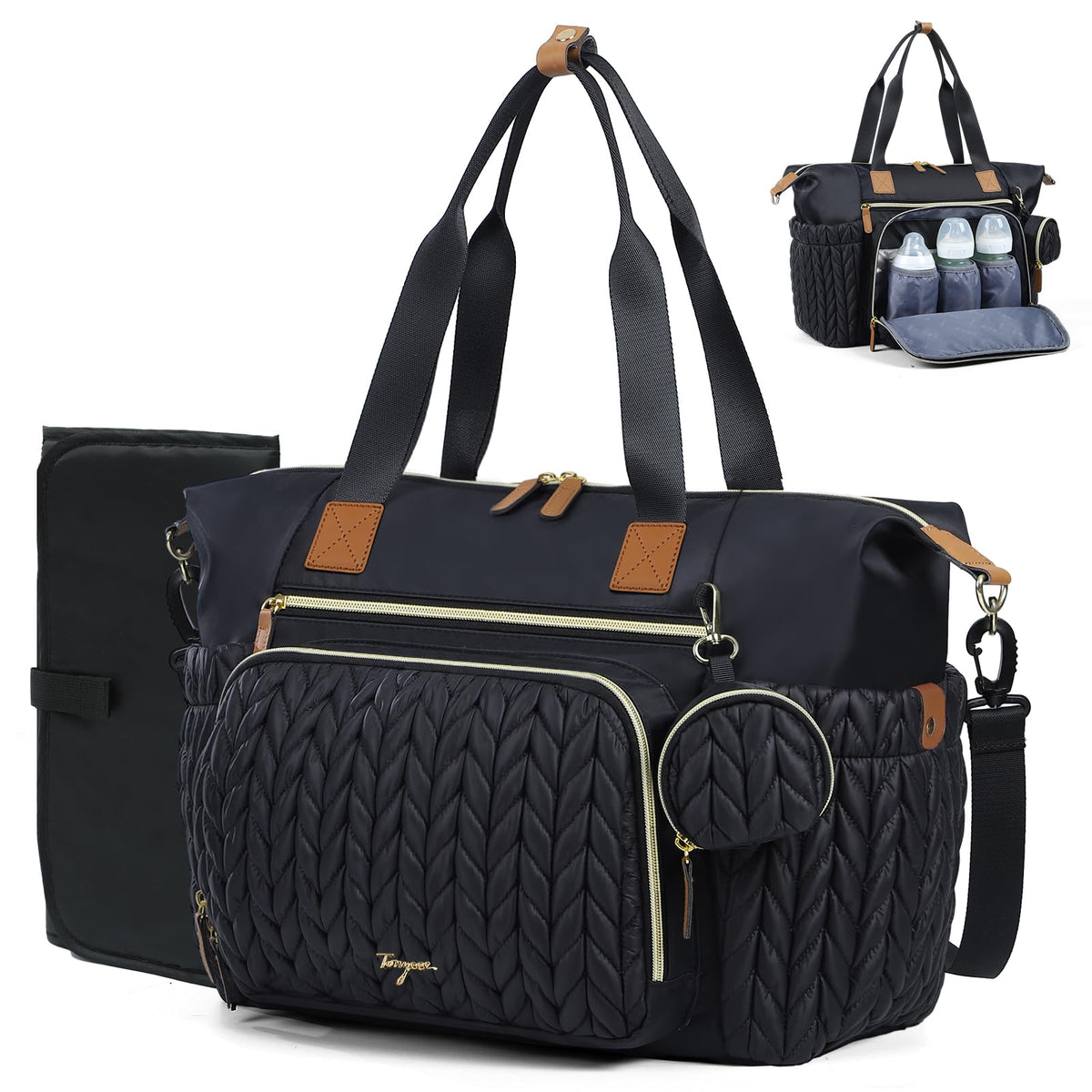 Tonyeee diaper bag tote with quilted nylon outer for stylish organization on the go