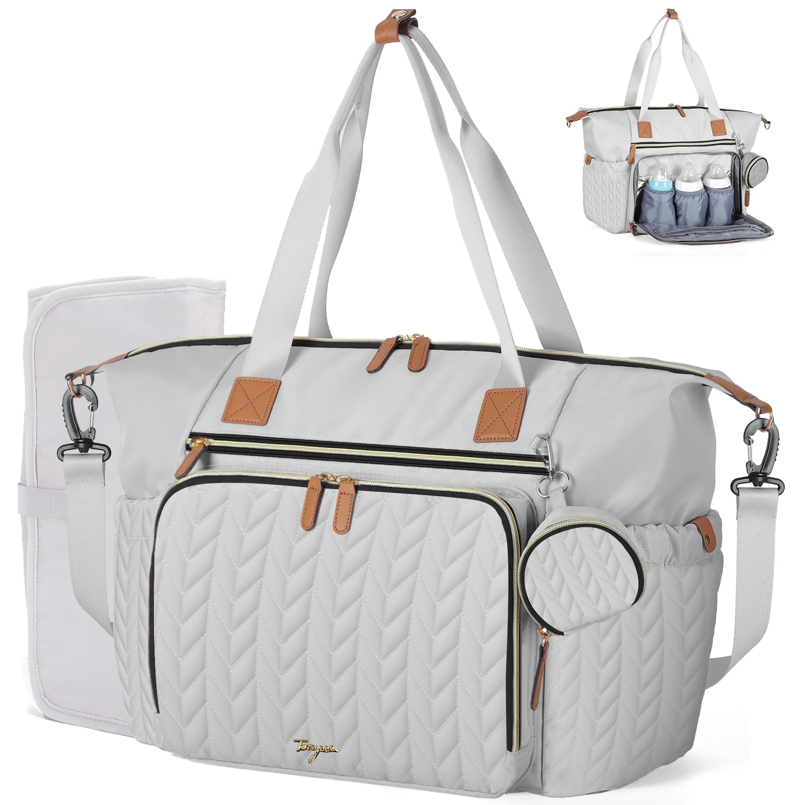 Tonyeee diaper bag tote with quilted nylon exterior for durable daily use.