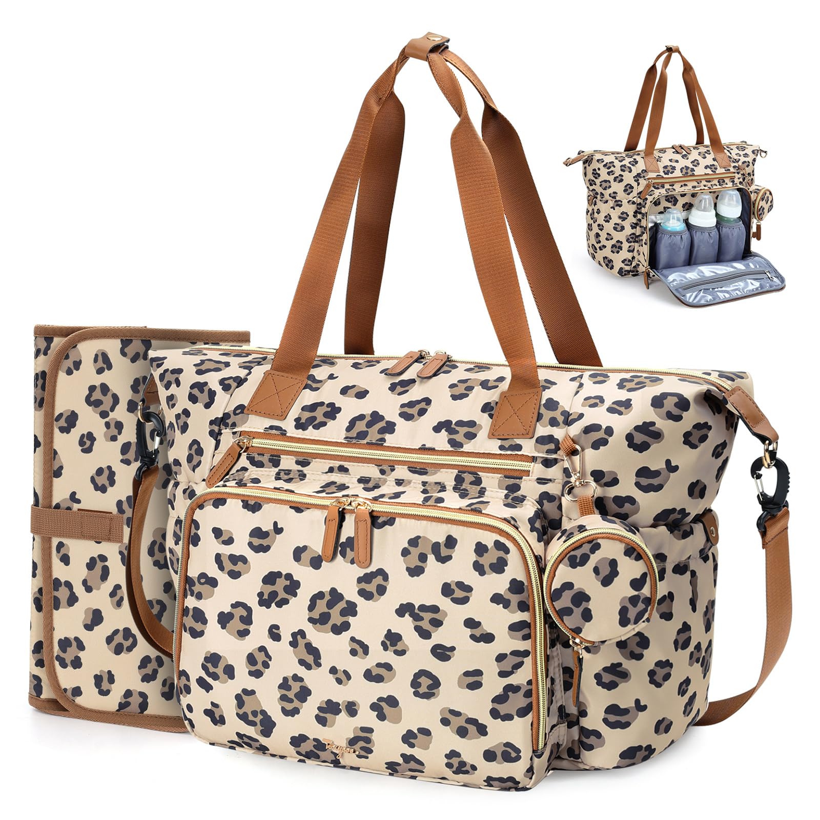 Tonyeee leopard diaper bag front view with spacious storage and chic design