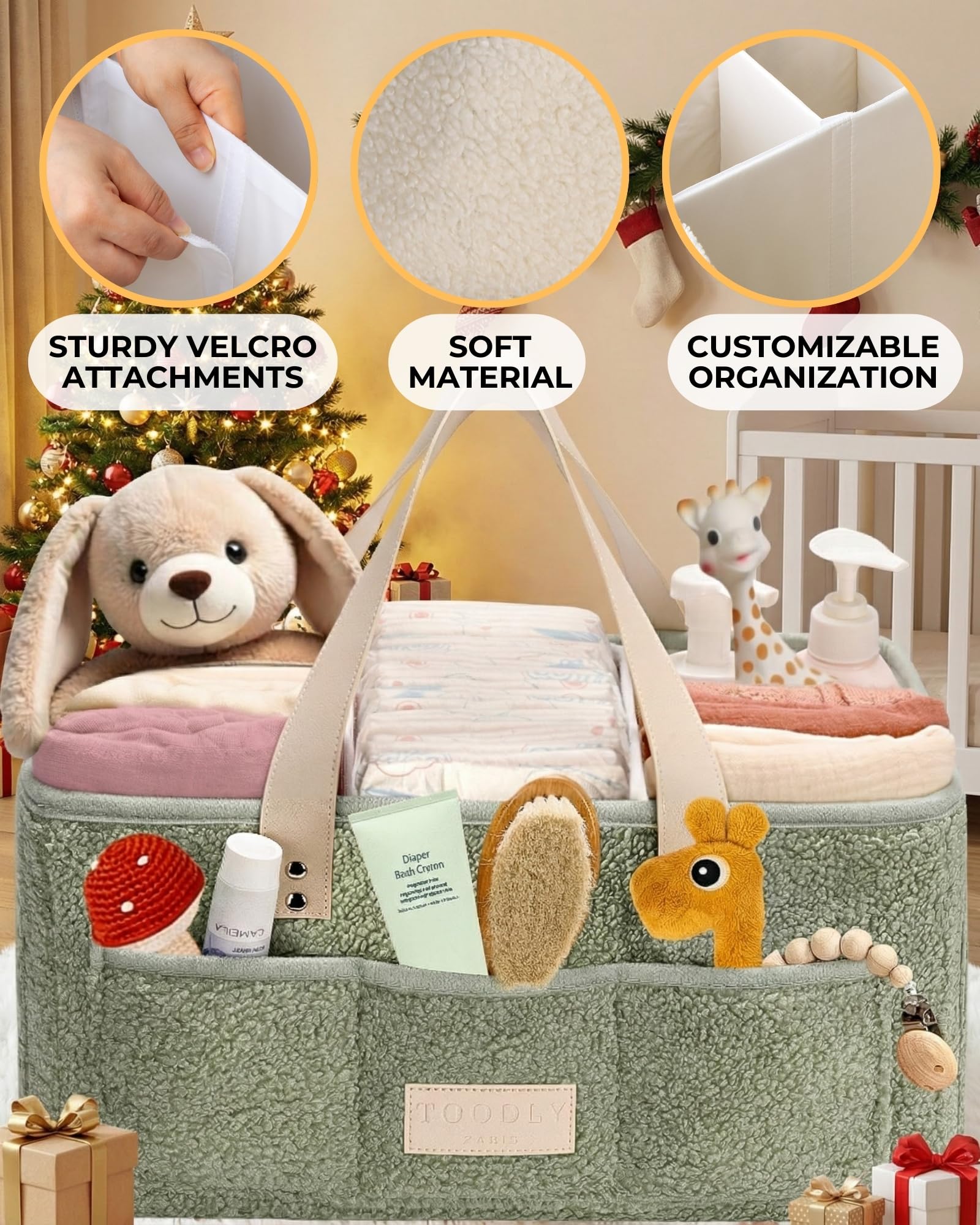 Toodly Baby Diaper Caddy Organizer stores diapers, wipes, bottles, and toys neatly.