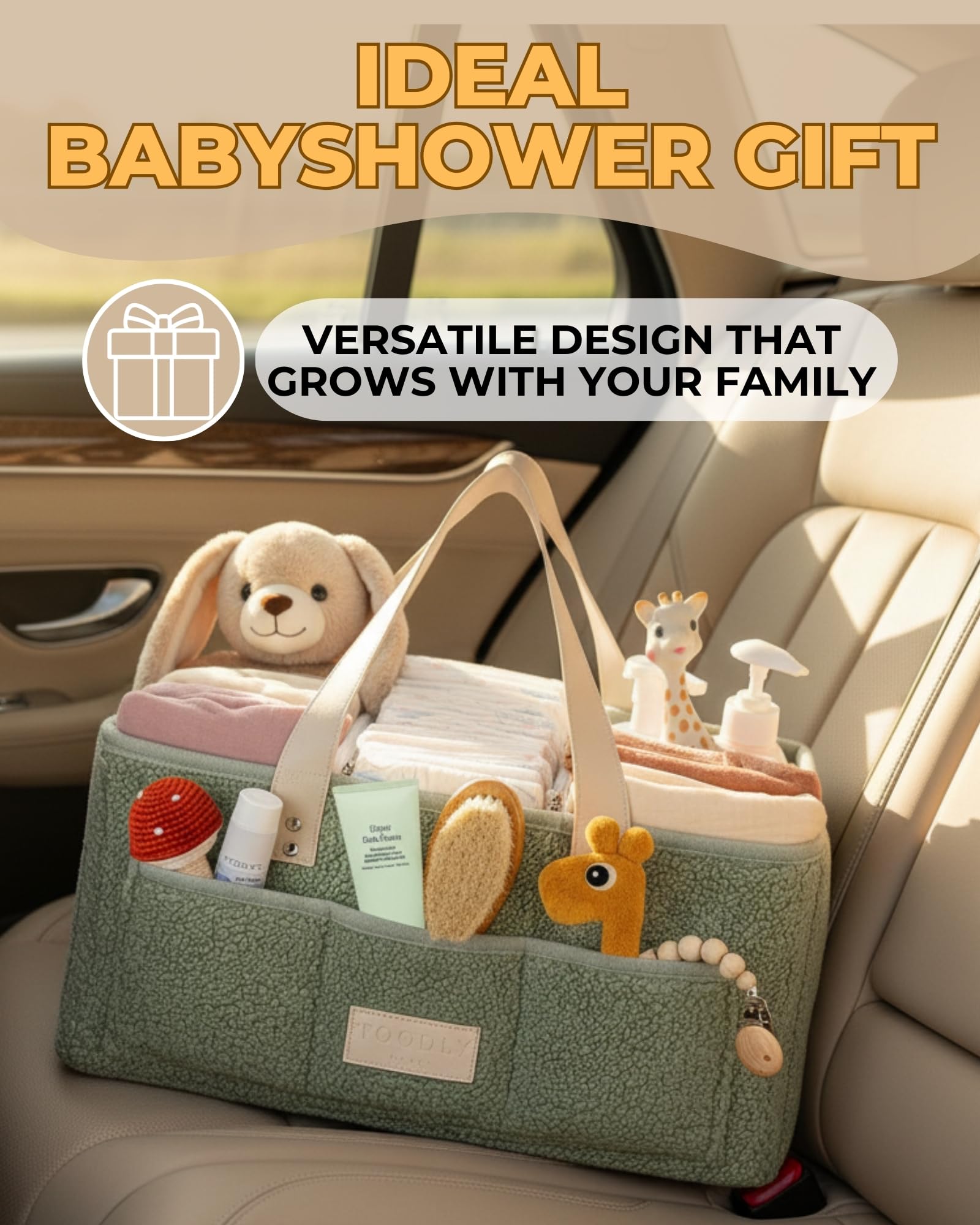 Toodly Baby Diaper Caddy Organizer giftable design for new parents.