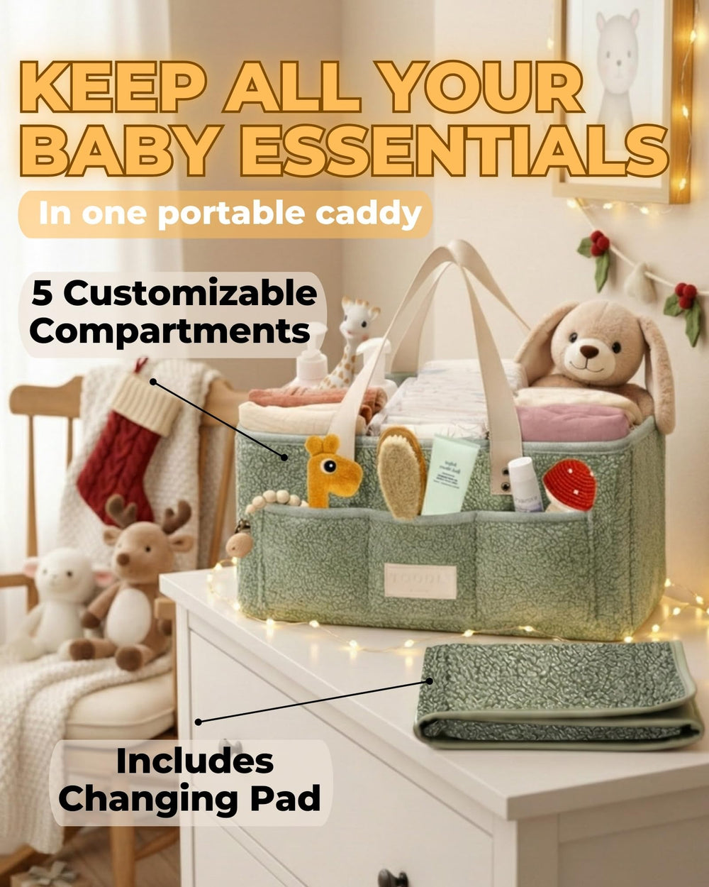 Toodly Baby Diaper Caddy Organizer teddy fleece texture adds cozy nursery touch.