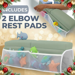 Toodly bath kneeler with pockets for toy and towel storage near bath