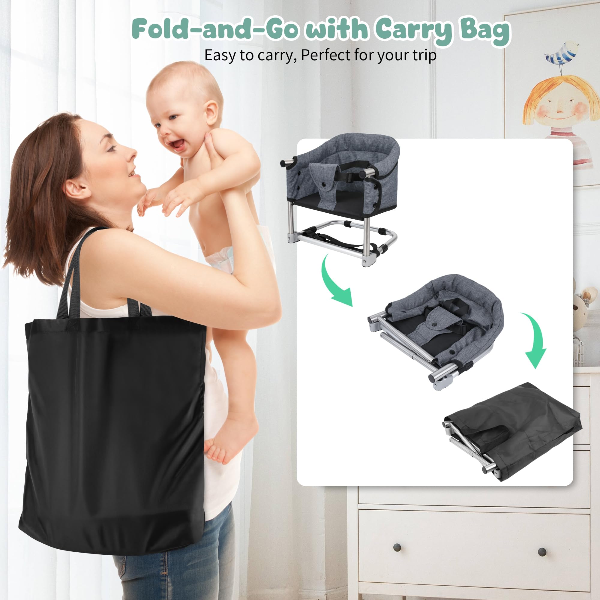 Toogel booster seat attached to an adult chair for versatile feeding anywhere