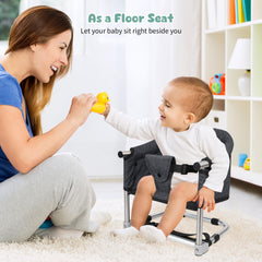Toogel booster seat harness keeps the child secure during meals.