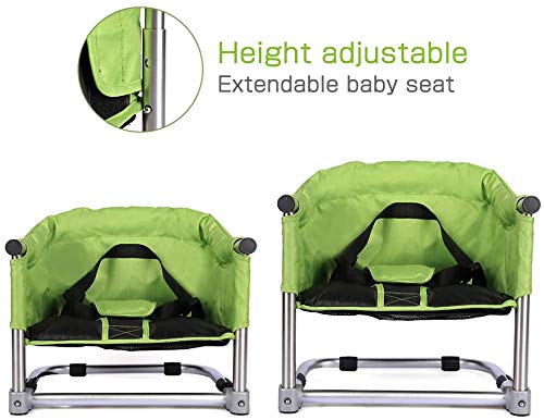 Toogel booster seat height-adjustable to align with table height for easy feeding.