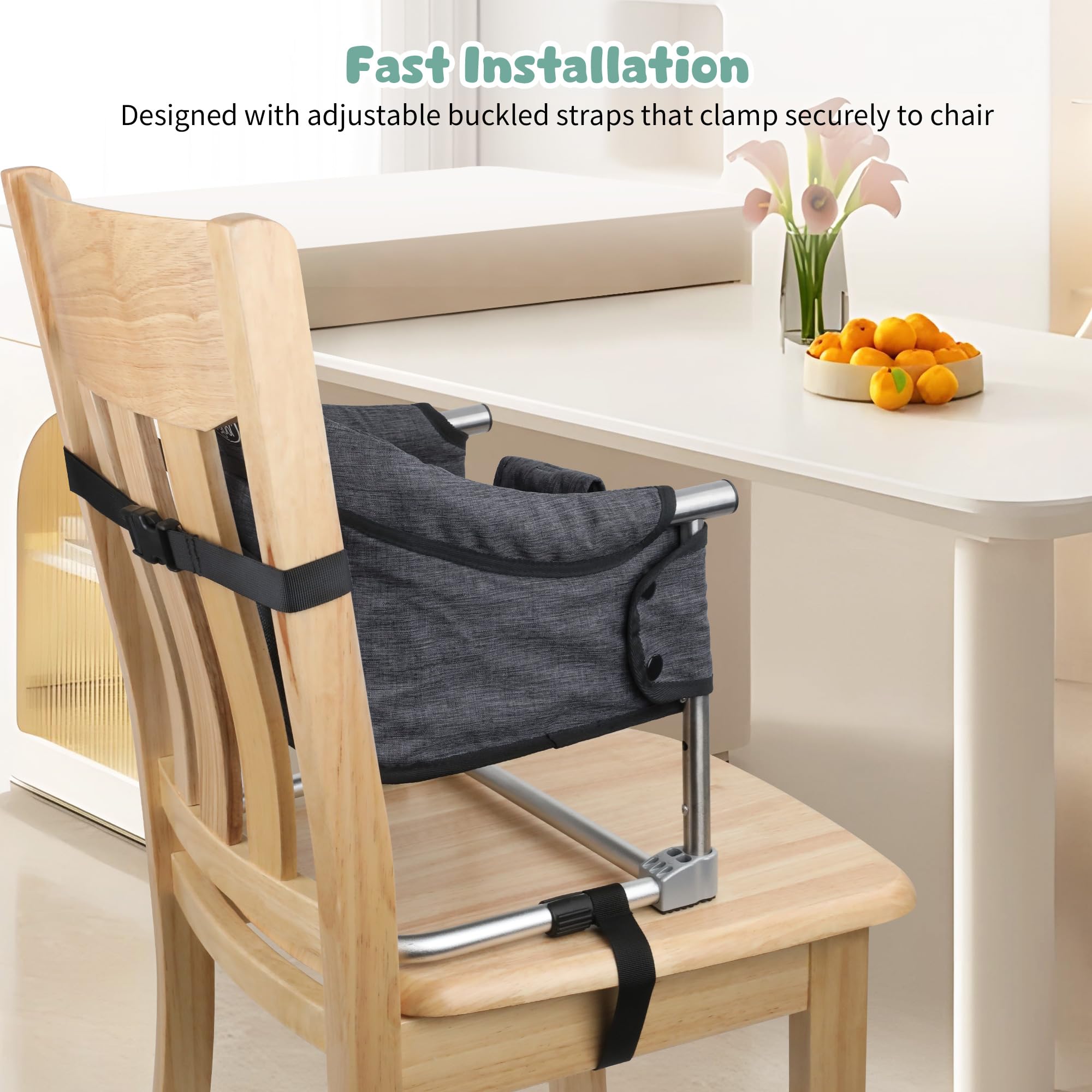 Toogel booster seat height adjustment aligns with the adult table level.