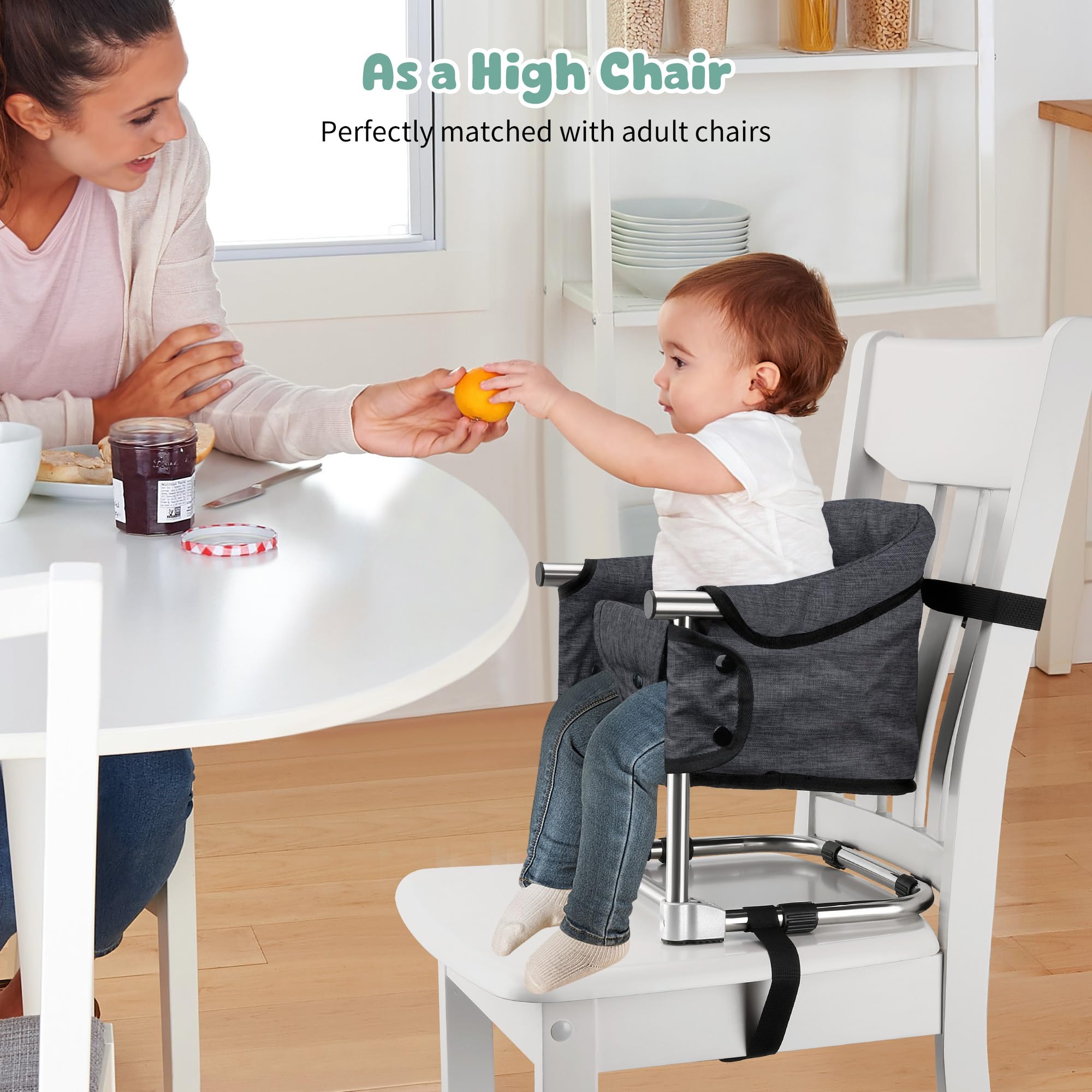 Toogel booster seat on chair at dining table shows easy feeding setup.