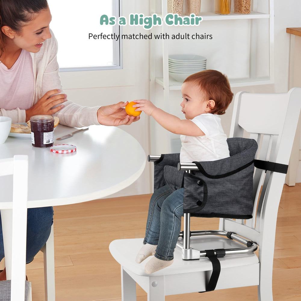 Toogel booster seat on chair at dining table shows easy feeding setup.