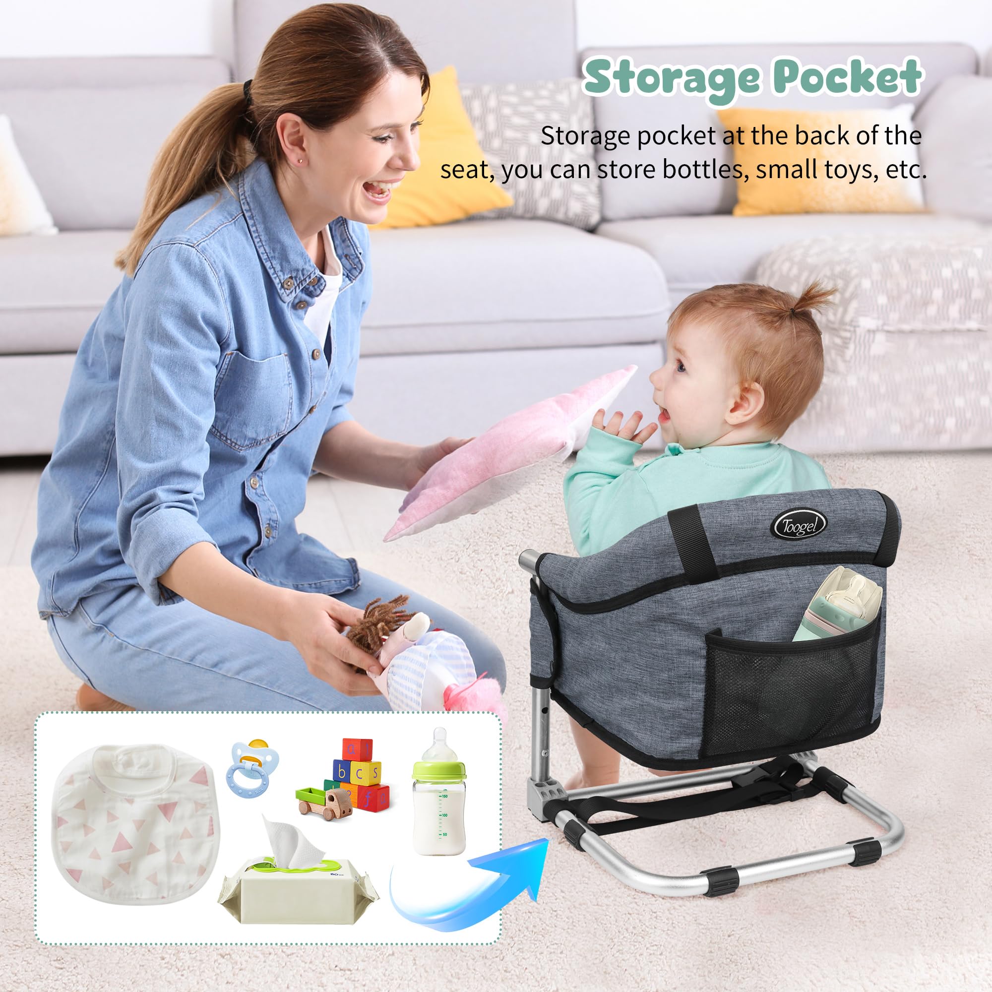 Toogel booster seat storage pocket keeps essentials within reach