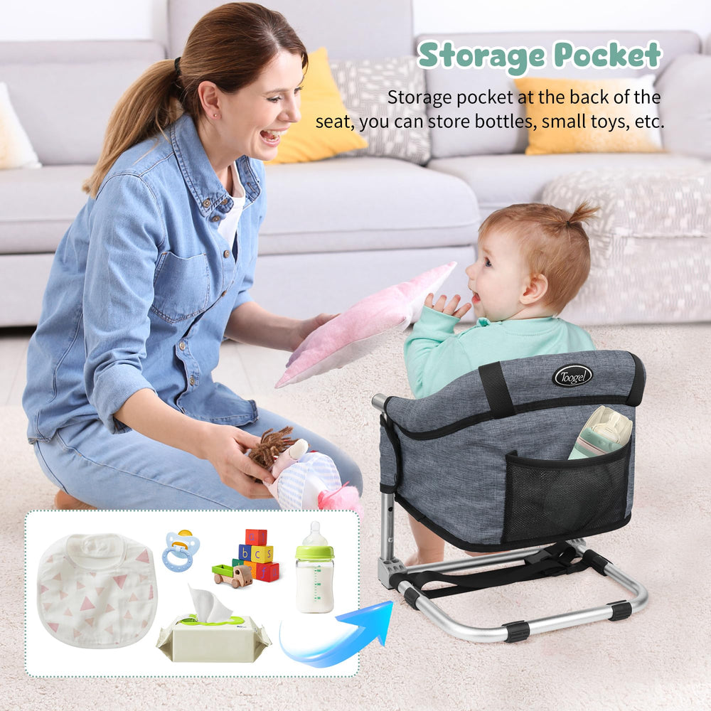 Toogel booster seat storage pocket keeps essentials within reach