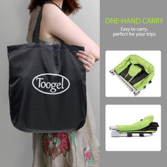 Toogel booster seat in travel high-chair mode with safety harness.