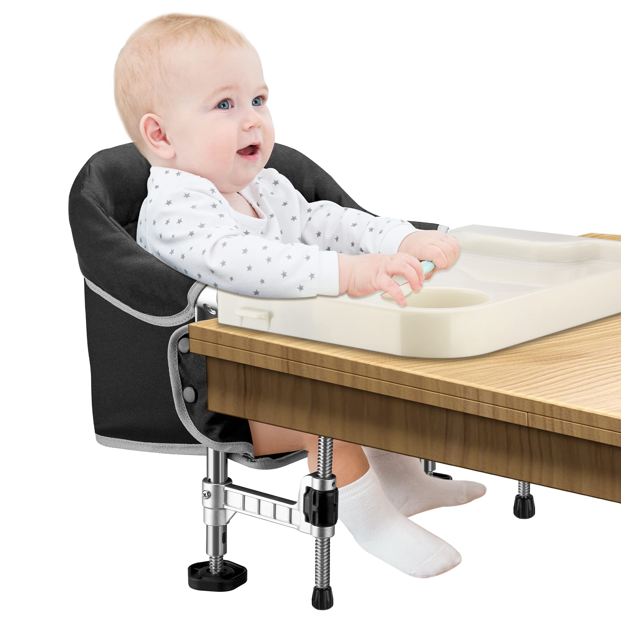 Toogel hook-on chair with removable tray attached at table for easy meals