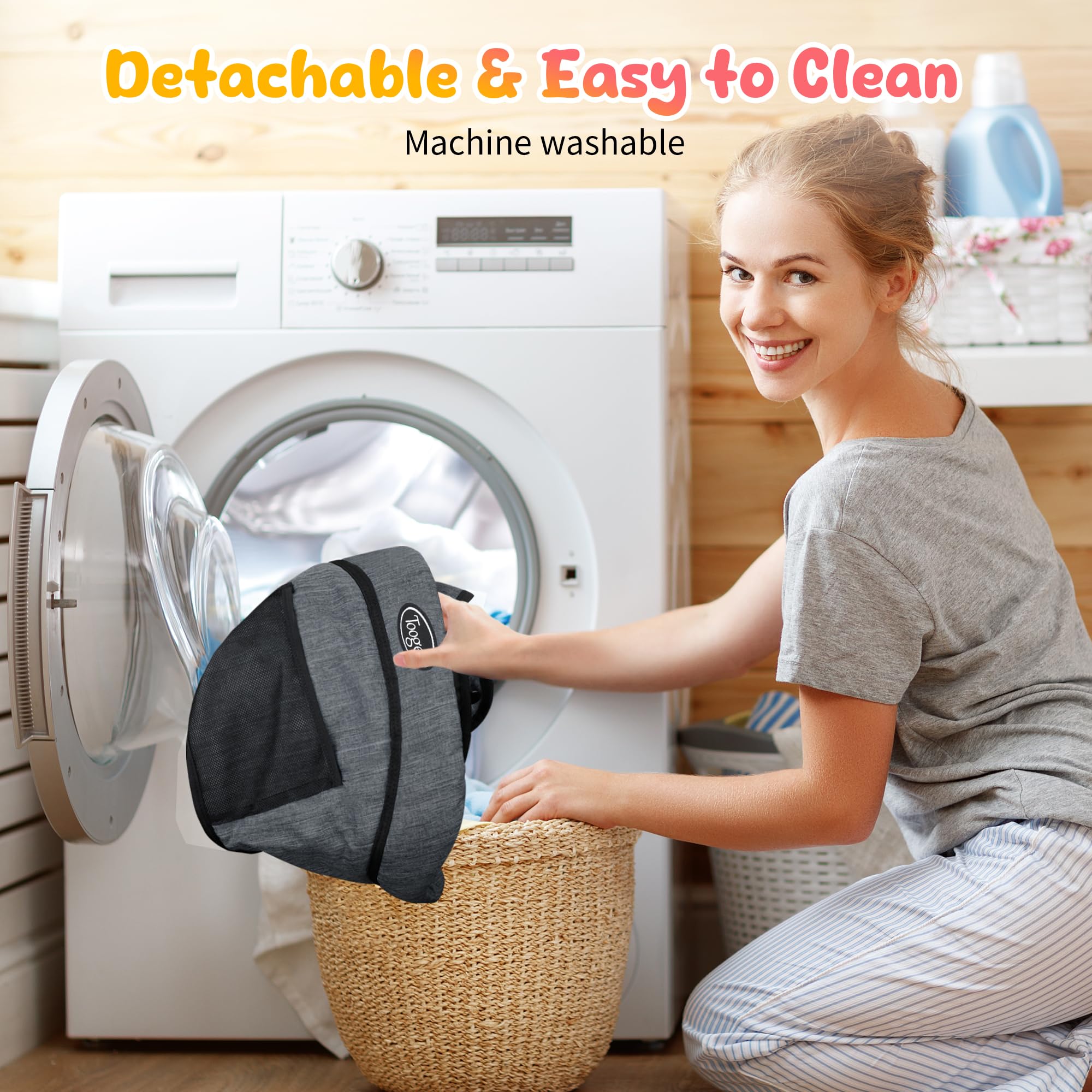 Removable machine-washable seat cover for simple cleaning after meals.