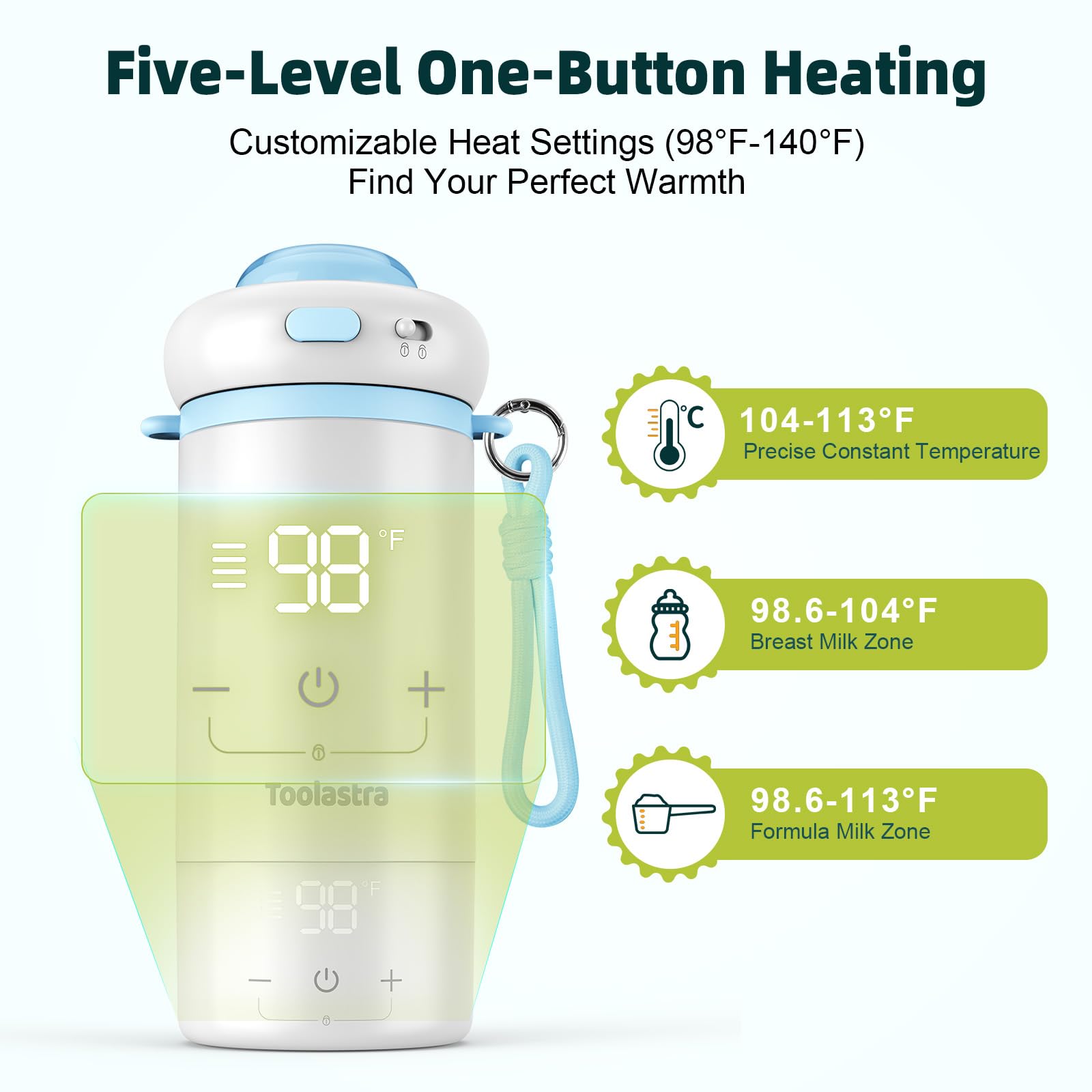 Toolastra heats 100 ml in 1.5 minutes for quick feeds