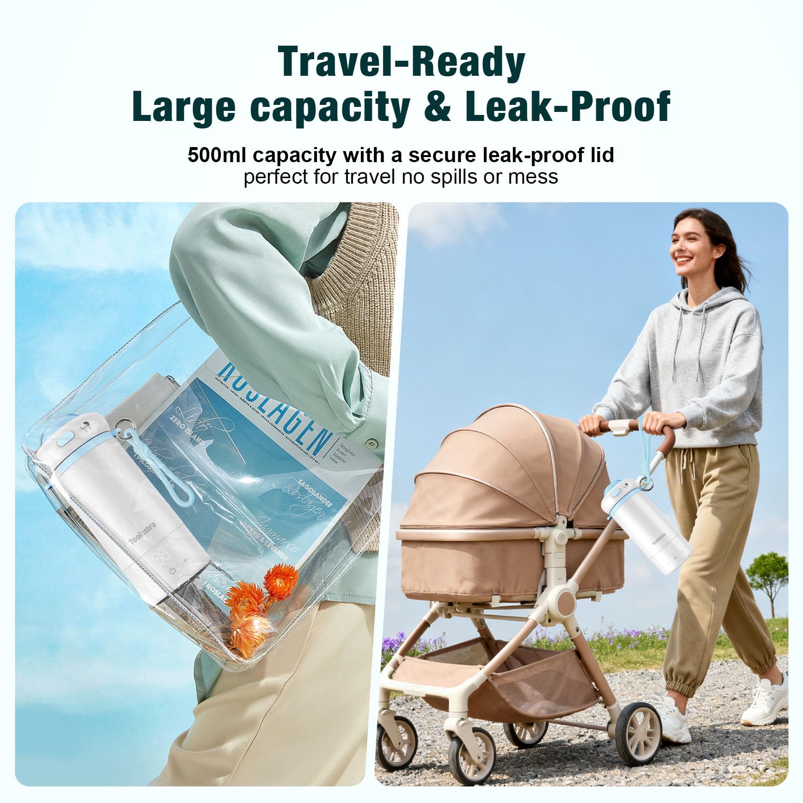 Toolastra travel-friendly warmer fits in a diaper bag for journeys