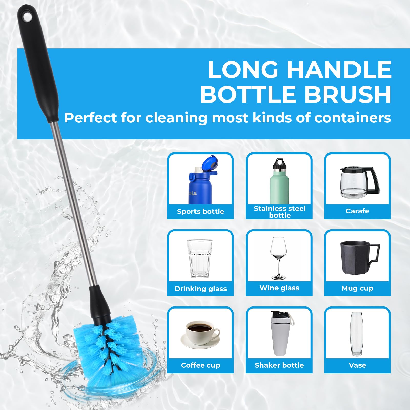 TooLe long-handle bottle brush reaches deep interiors without scratching delicate glass