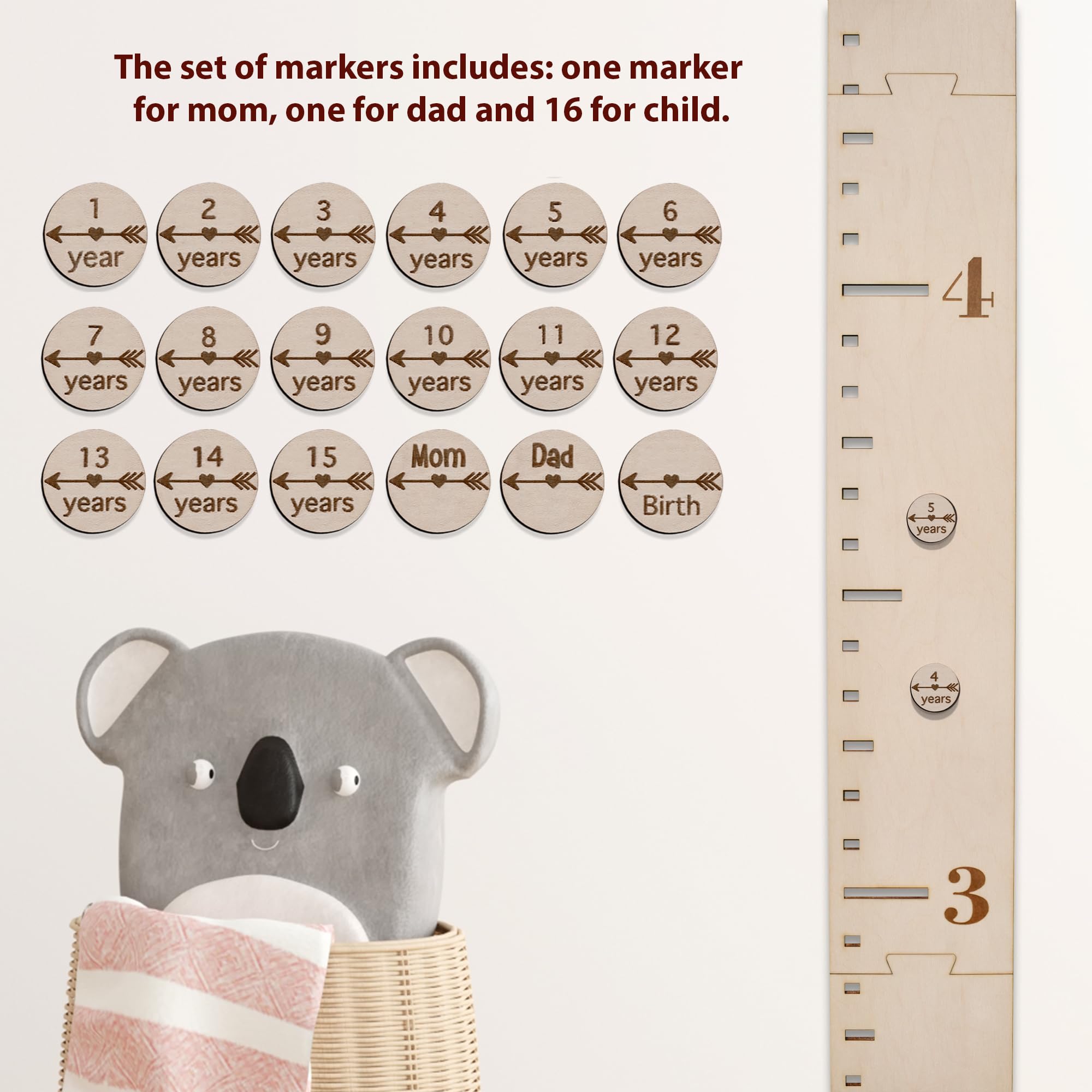 Top Obsession personalized markers cover birth to age 15 on the ruler.