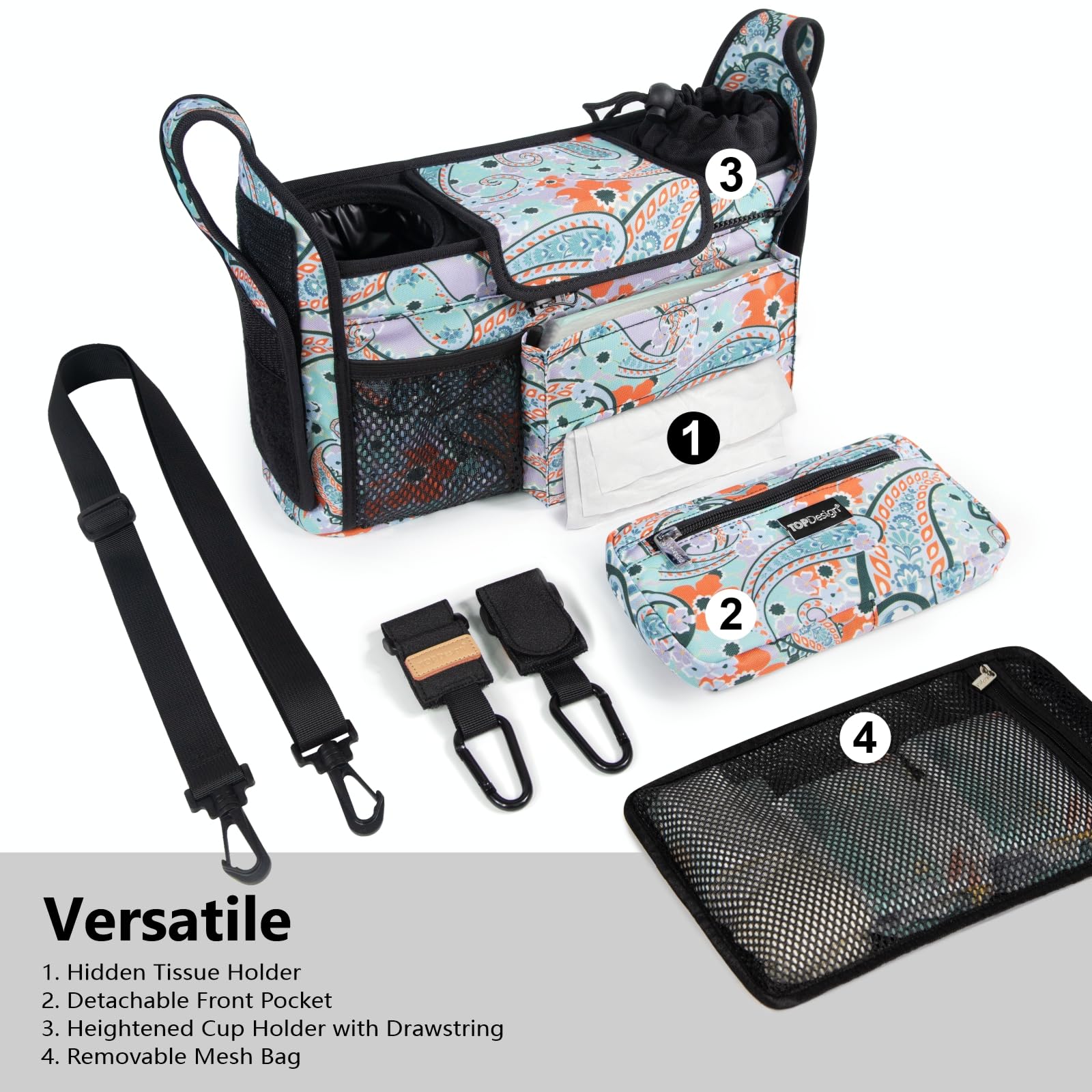 TopDesign detachable mesh bag offers washable storage for diapers and extra clothes.