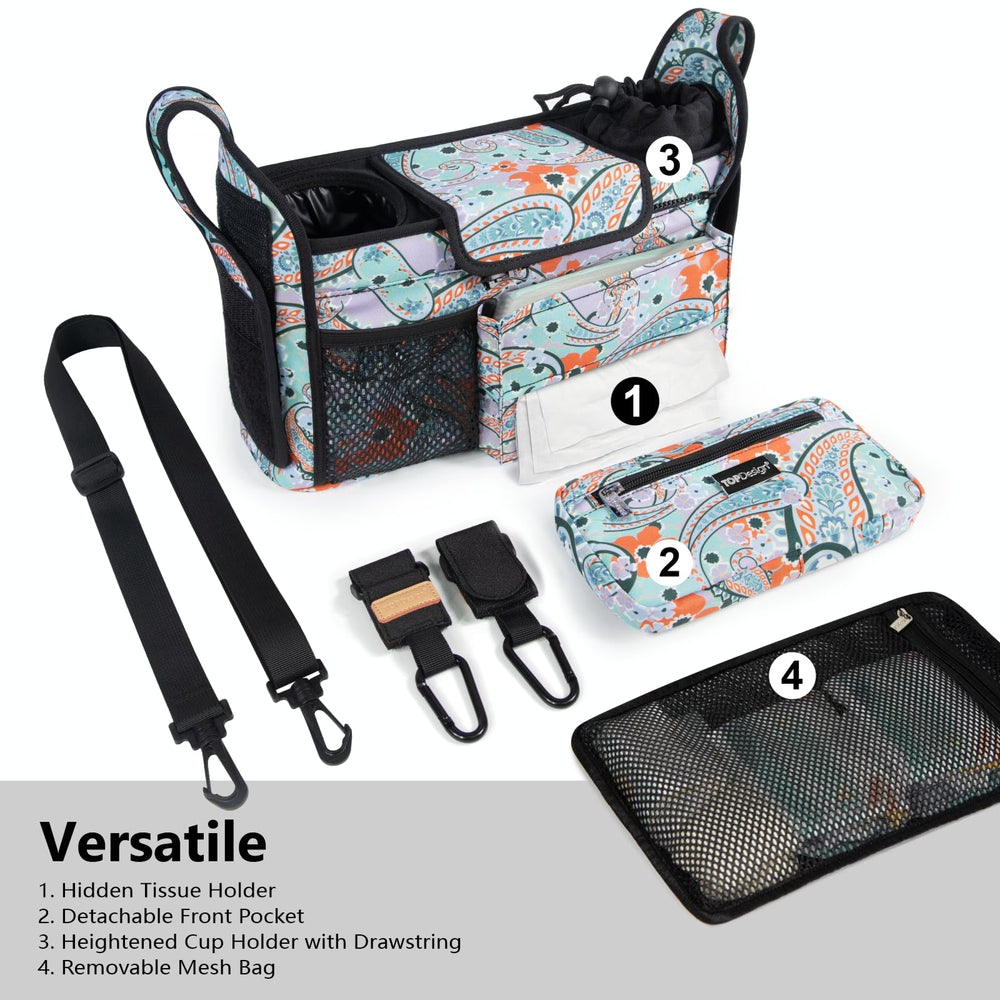 TopDesign detachable mesh bag offers washable storage for diapers and extra clothes.