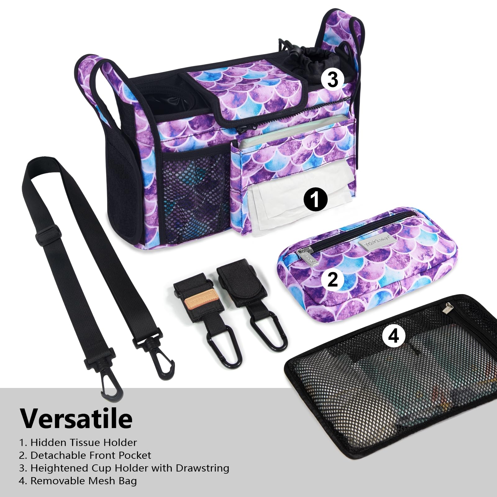 TOPDesign Mermaid detachable mesh bag for machine-washable stroller storage