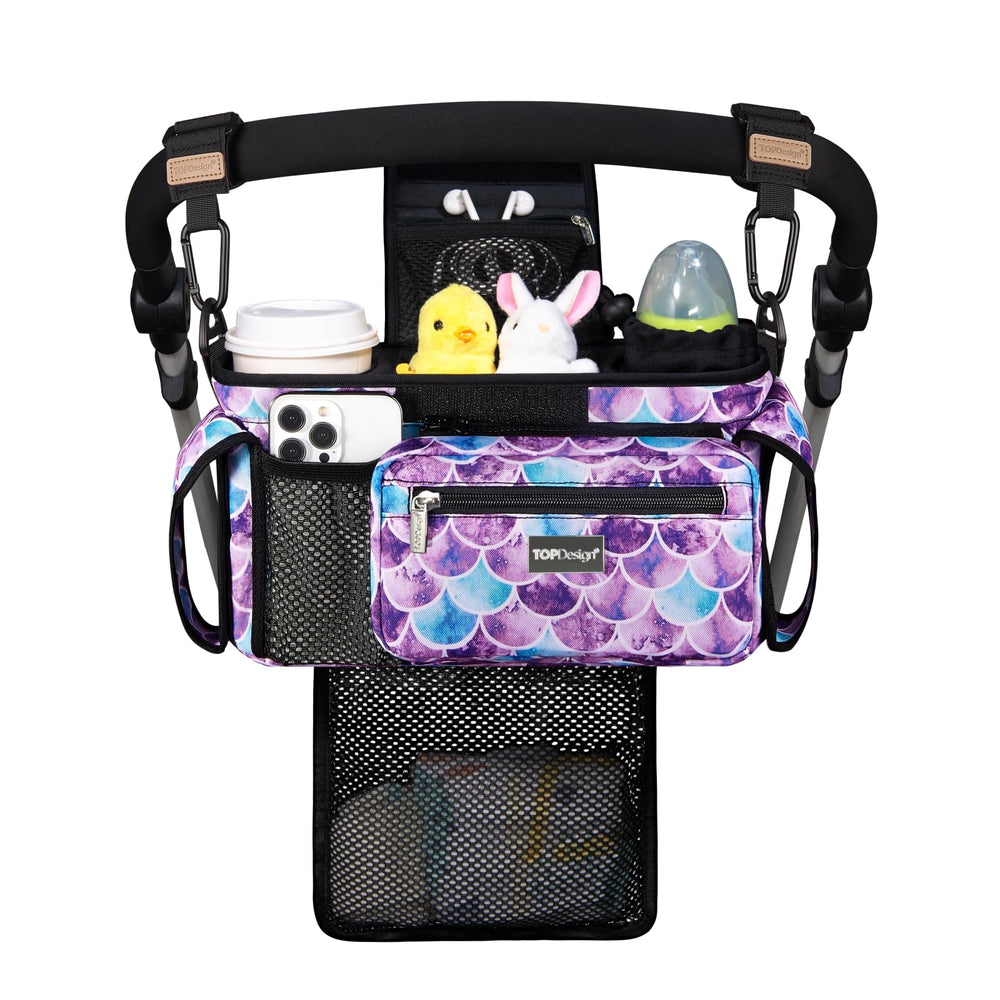 TOPDesign Mermaid stroller organizer front view showing organized pockets for quick access