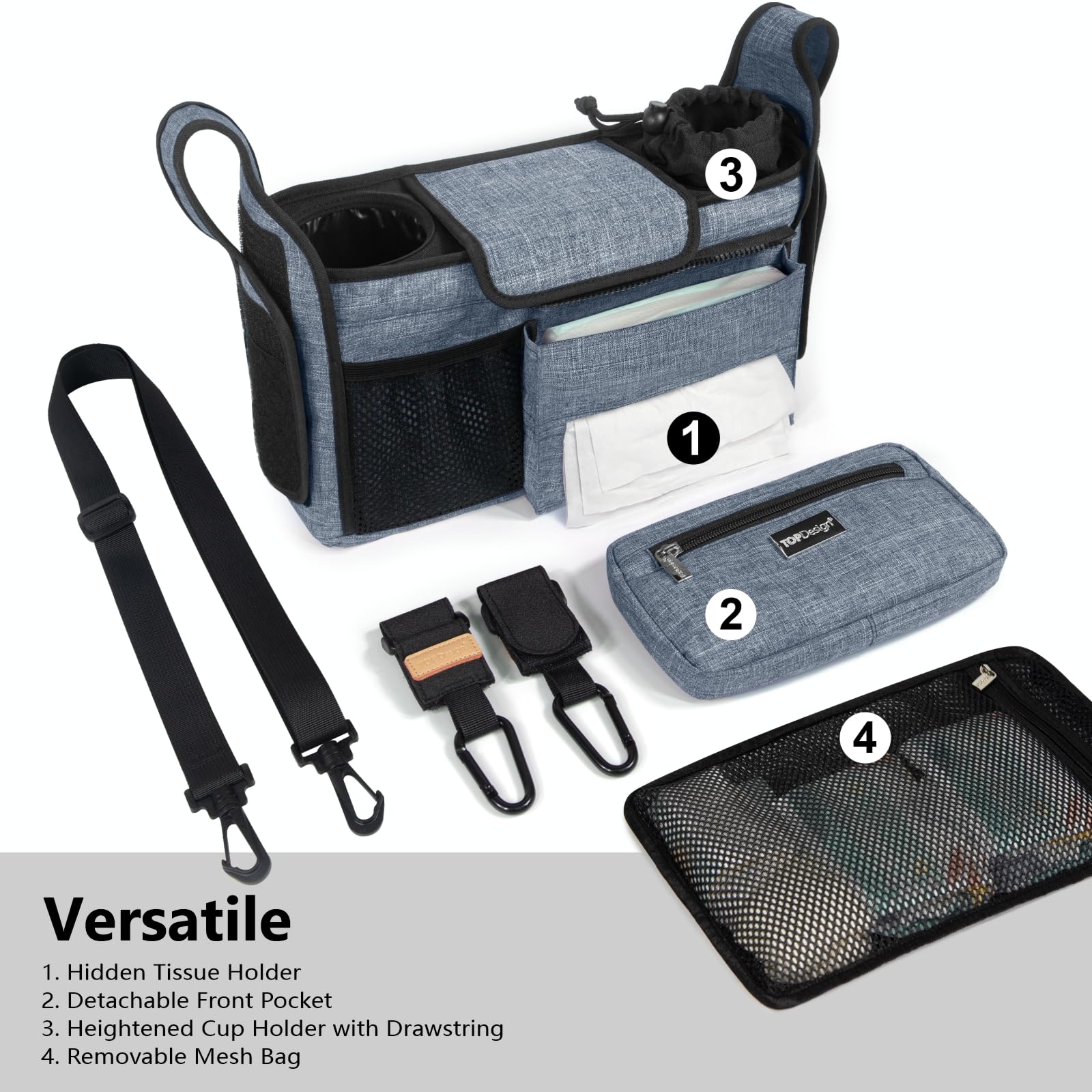 TOPDesign stroller caddy with detachable mesh bag for easy washing