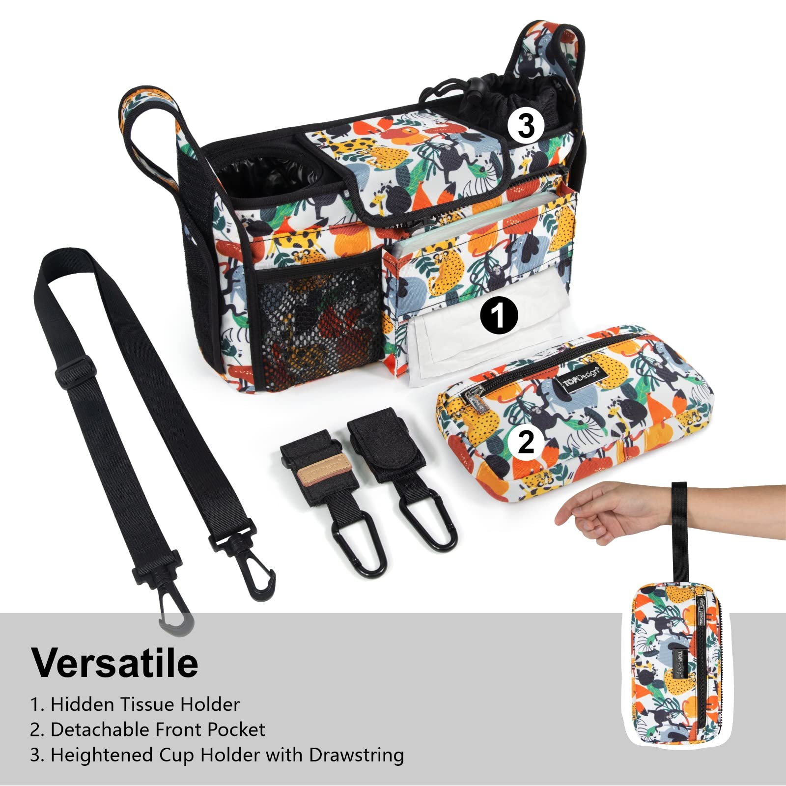 TopDesign stroller caddy with heightened cup holder stays upright for tall bottles.