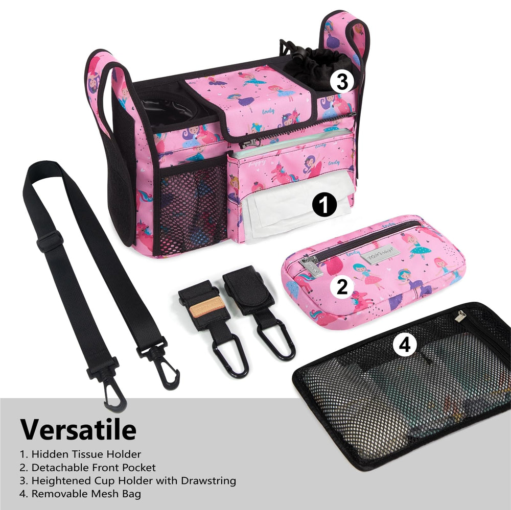 TOPDesign stroller caddy side pocket highlighting convenient storage for bottles and toys