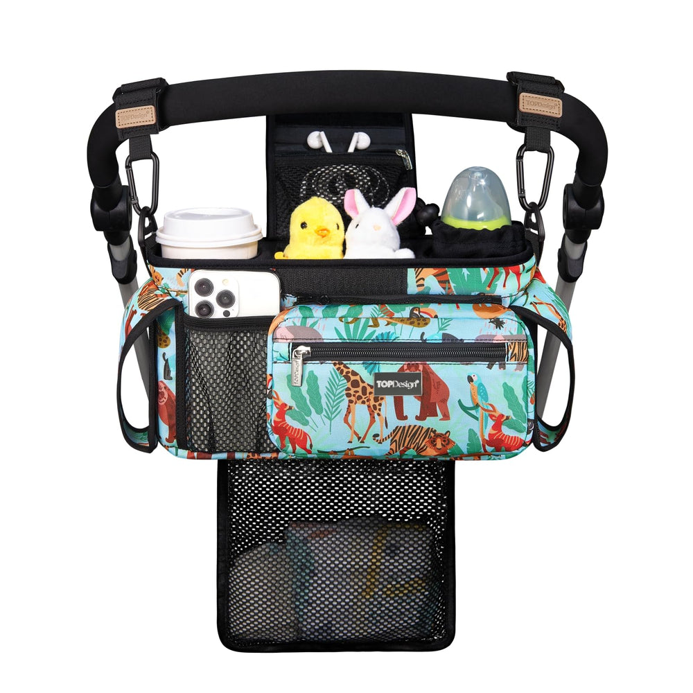 TOPDesign stroller organizer with detachable mesh bag for easy laundry and extra storage.