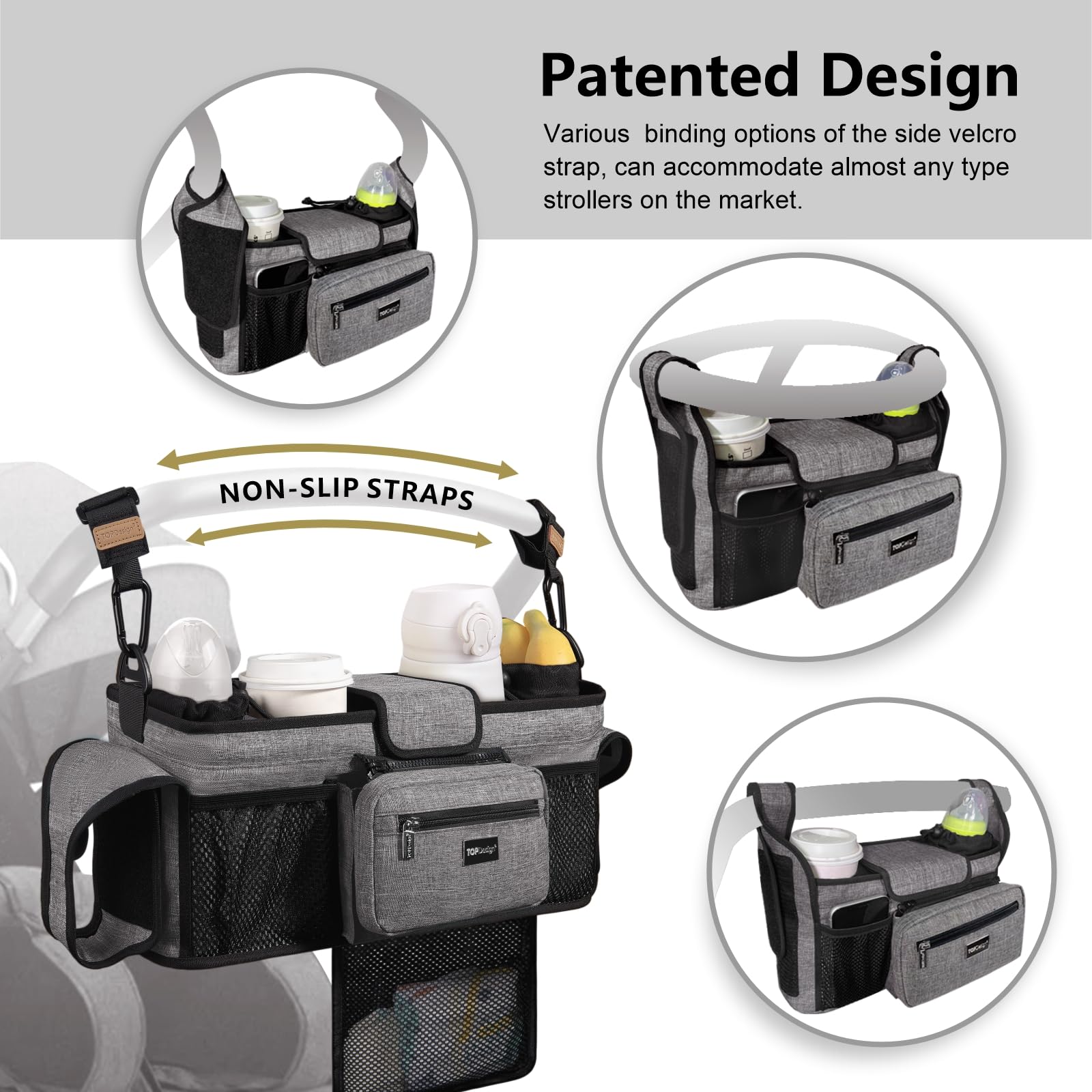 TOPDesign shoulder strap for hands free carrying during strolls.
