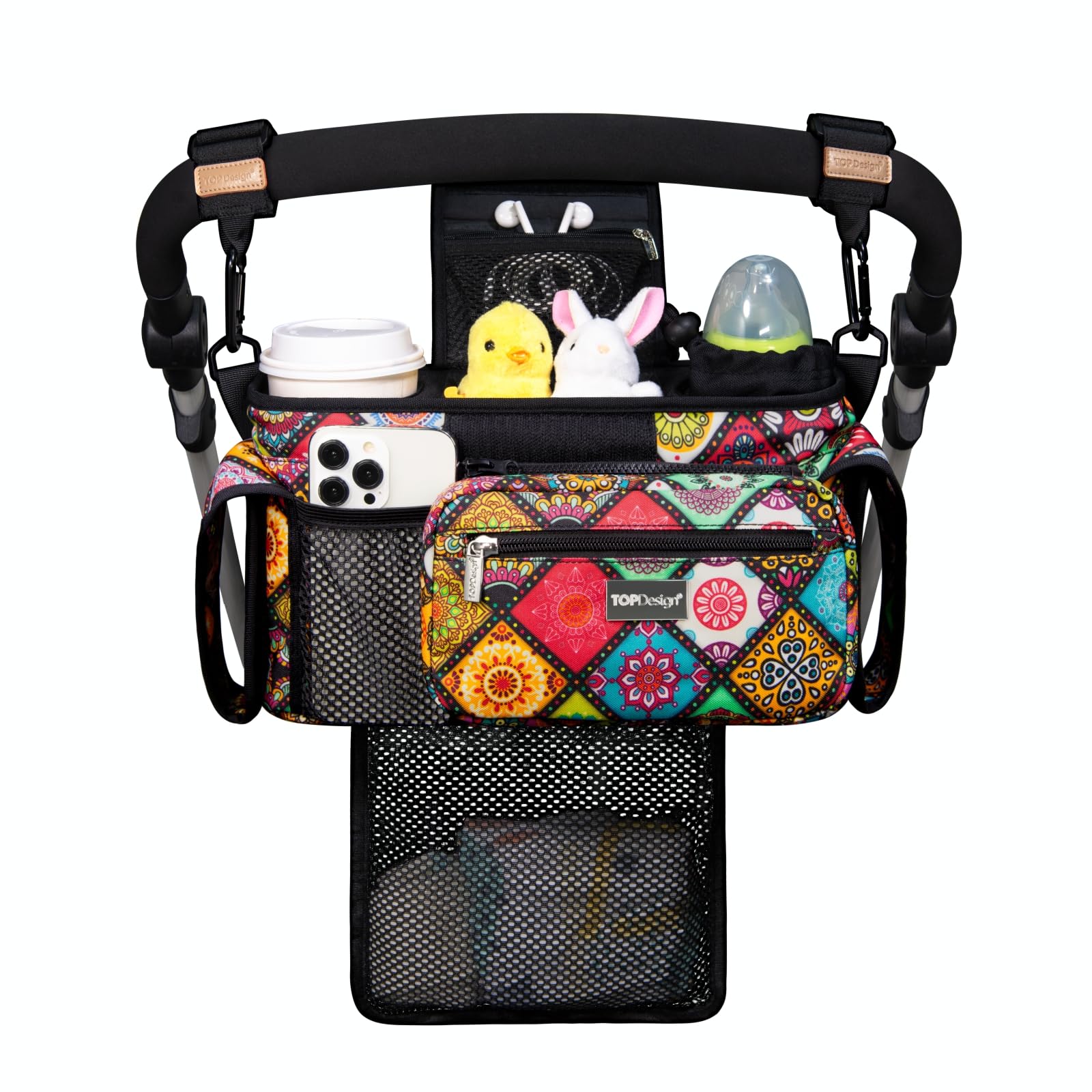 TOPDesign Universal Baby Stroller Organizer front view shows organized storage on the move.