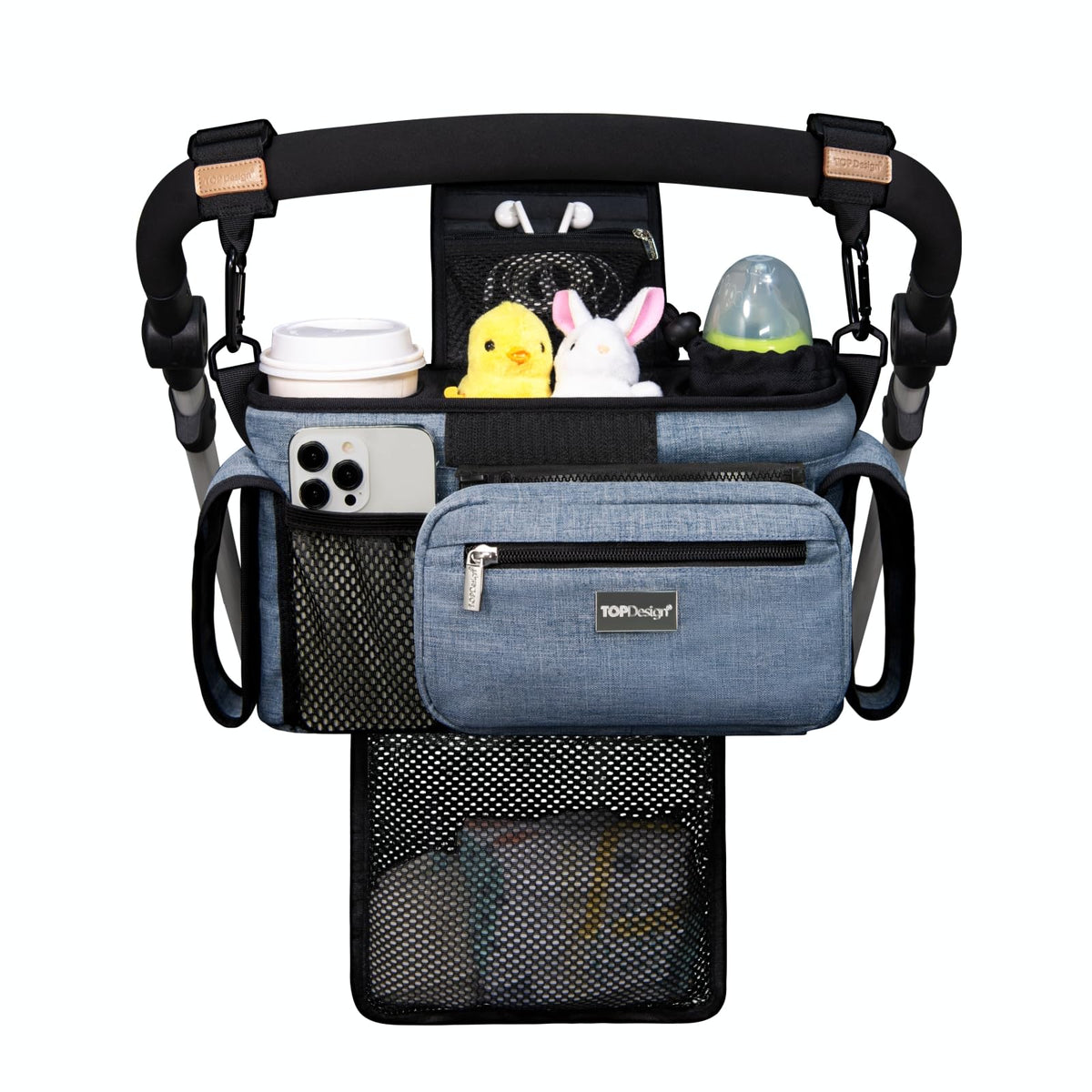TOPDesign universal baby stroller organizer front view showing organized compartments